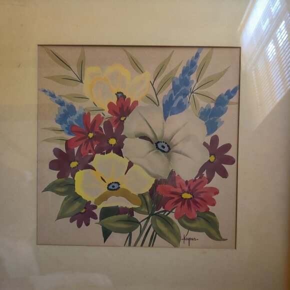 Kupur water colors of white, yellow, blue & red flowers in cream frames $60 each - Picture 4 of 9
